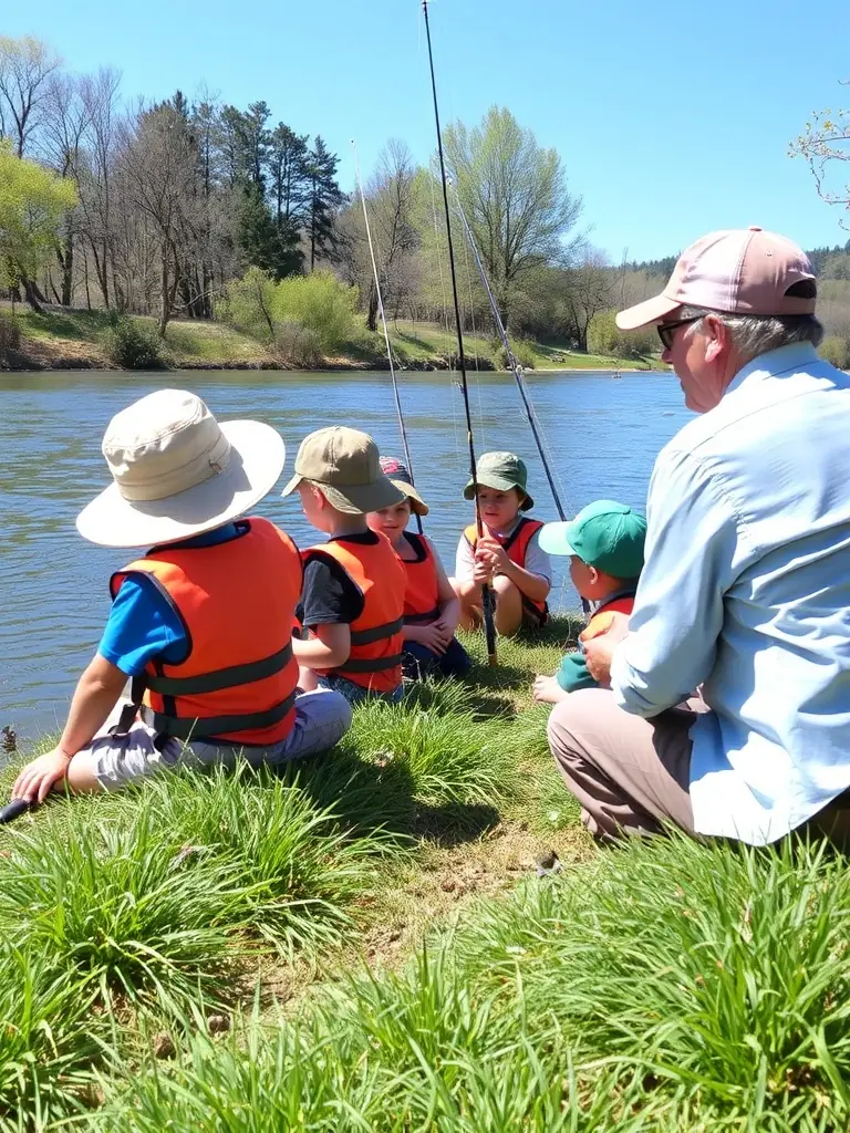 A photo of children participating in a fishing workshop, learning about sustainable fishing practices and the importance of respecting the environment.