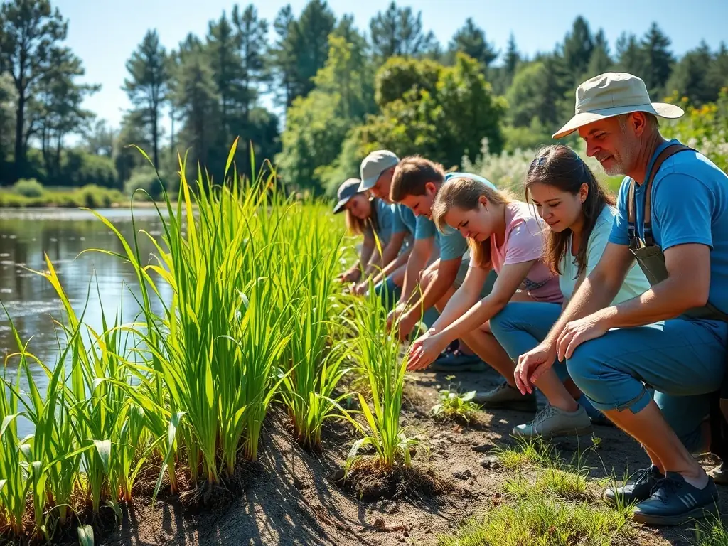 A group of volunteers planting native aquatic plants along a riverbank, restoring the habitat for fish and other wildlife. The scene is bright and sunny, emphasizing the positive impact of the restoration efforts.