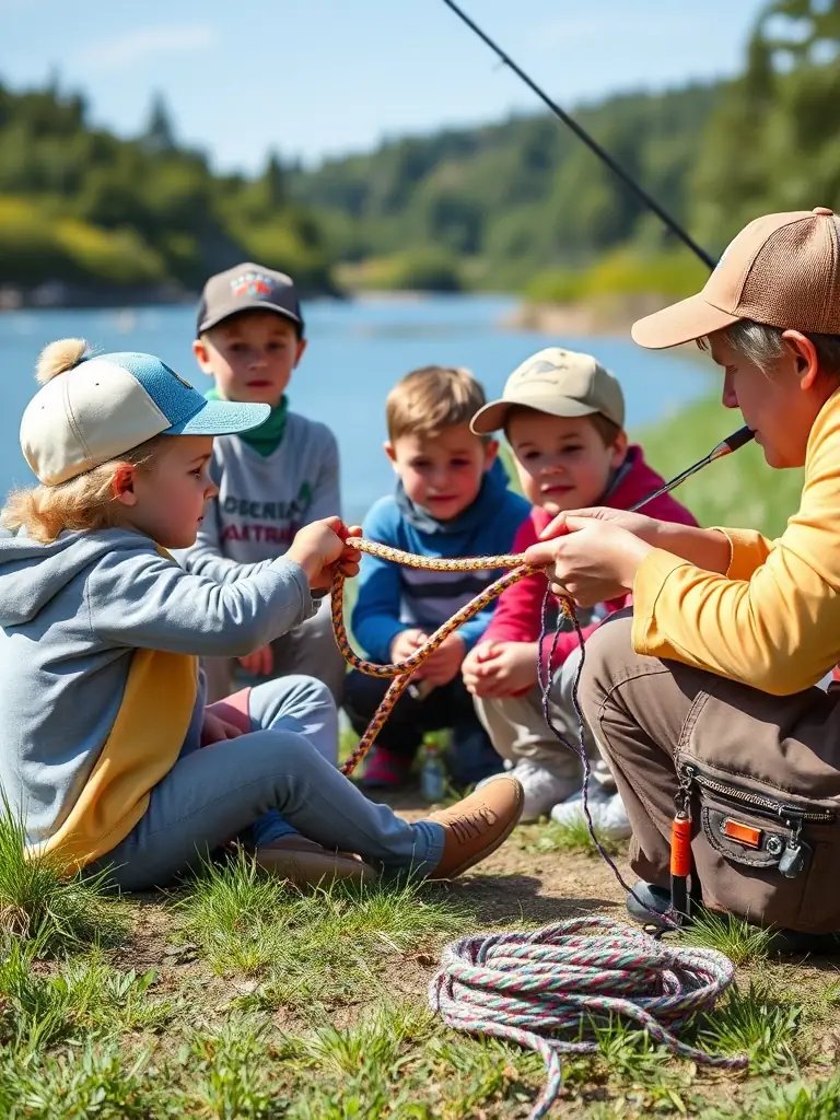 A picture of children participating in a fishing workshop, learning about responsible fishing techniques and the importance of conservation from experienced instructors. The scene should be educational and engaging.