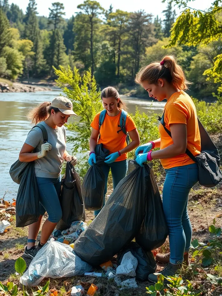 A photograph depicting volunteers cleaning up a riverbank, removing litter and debris to improve the habitat for fish and other aquatic life. The image should convey a sense of community involvement and environmental stewardship.