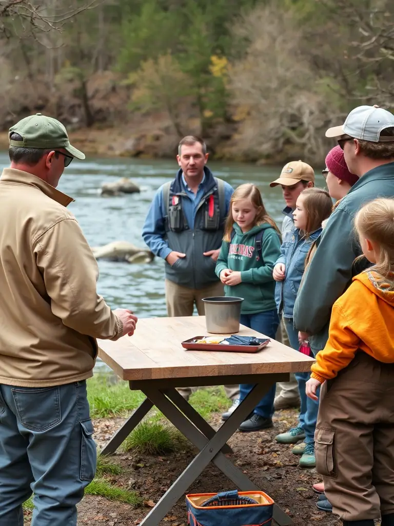 A photo of a community meeting where association members are discussing fishing regulations and conservation efforts.