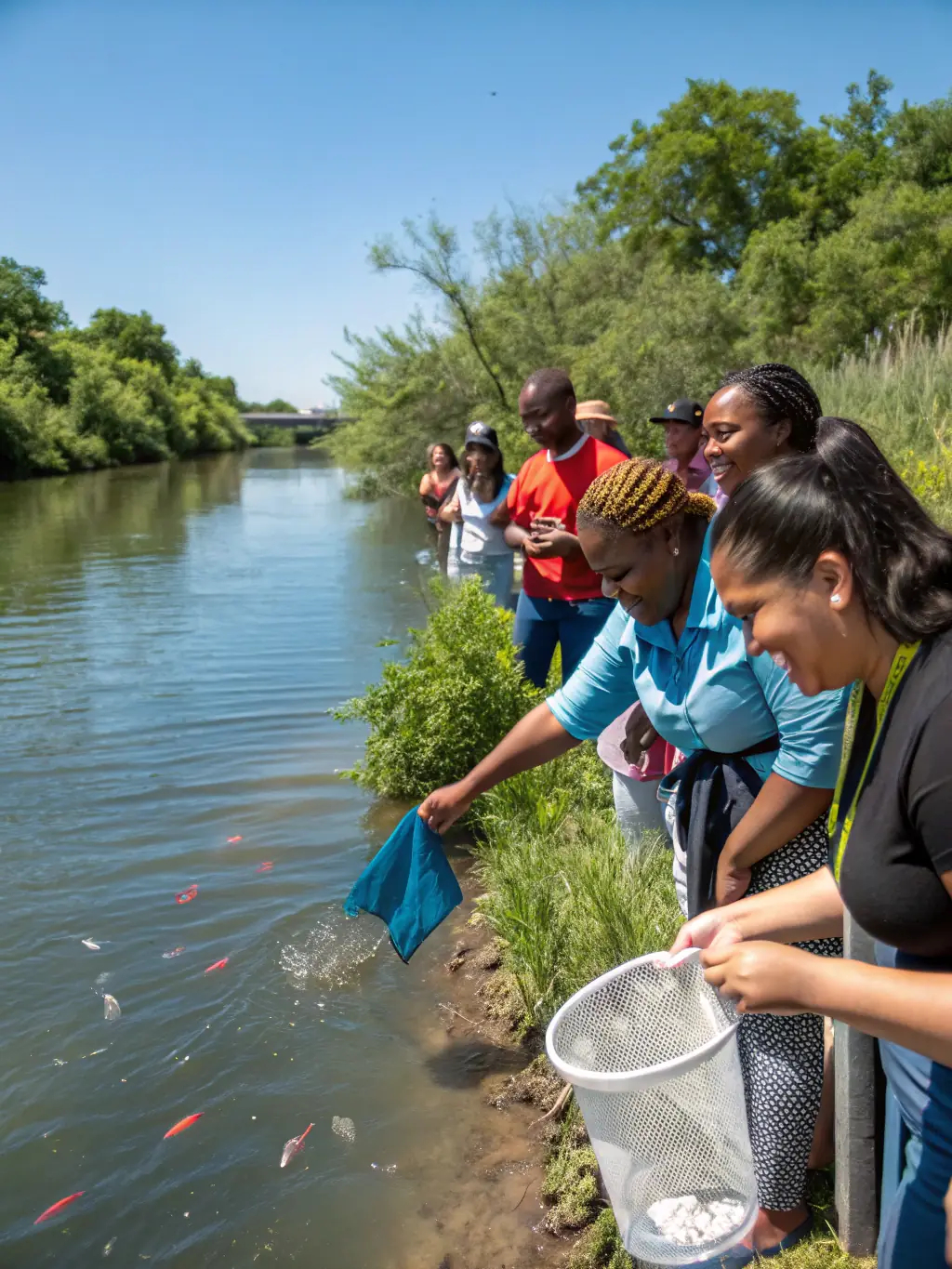 A picture of association members stocking a river with fish, contributing to the biodiversity and health of the aquatic ecosystem.