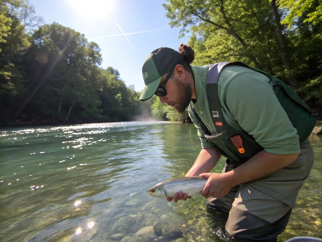 A photo of a group of people releasing fish back into the river, highlighting the association's efforts in restocking local fish populations.