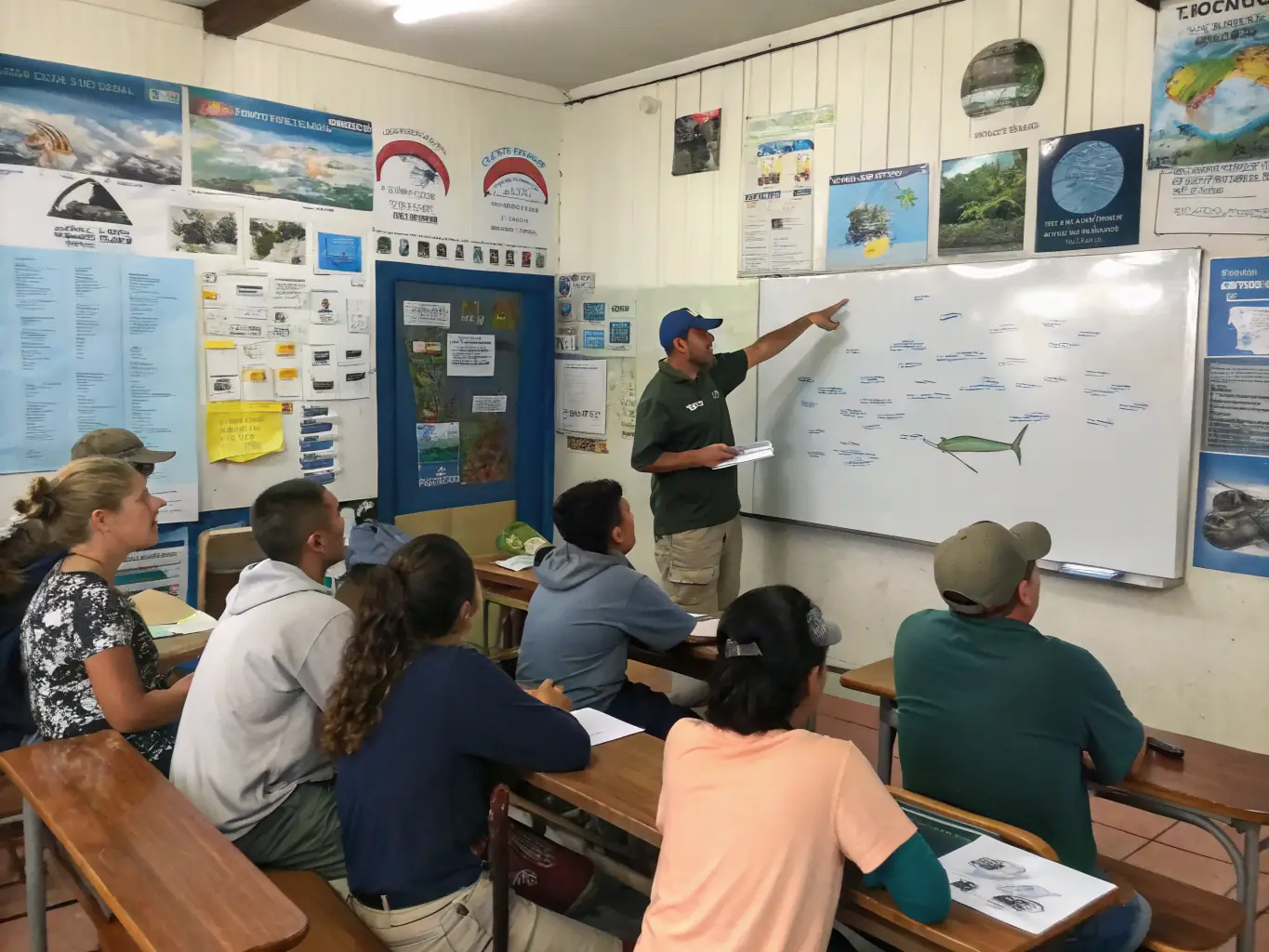 A classroom setting where a member of ASSOCIATION DES PECHEURS DU VIEUX MOULIN is teaching children about responsible fishing practices and the importance of protecting aquatic environments. The atmosphere is interactive and engaging.