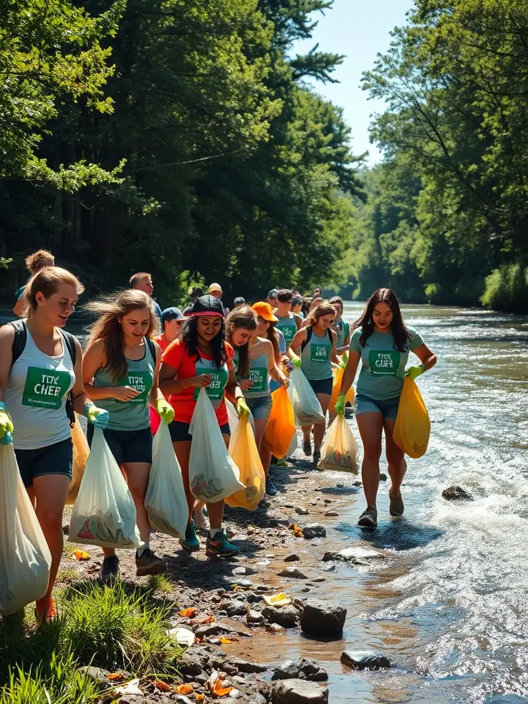 A group of volunteers cleaning up a riverbank, removing trash and debris, showcasing the association's commitment to environmental conservation.