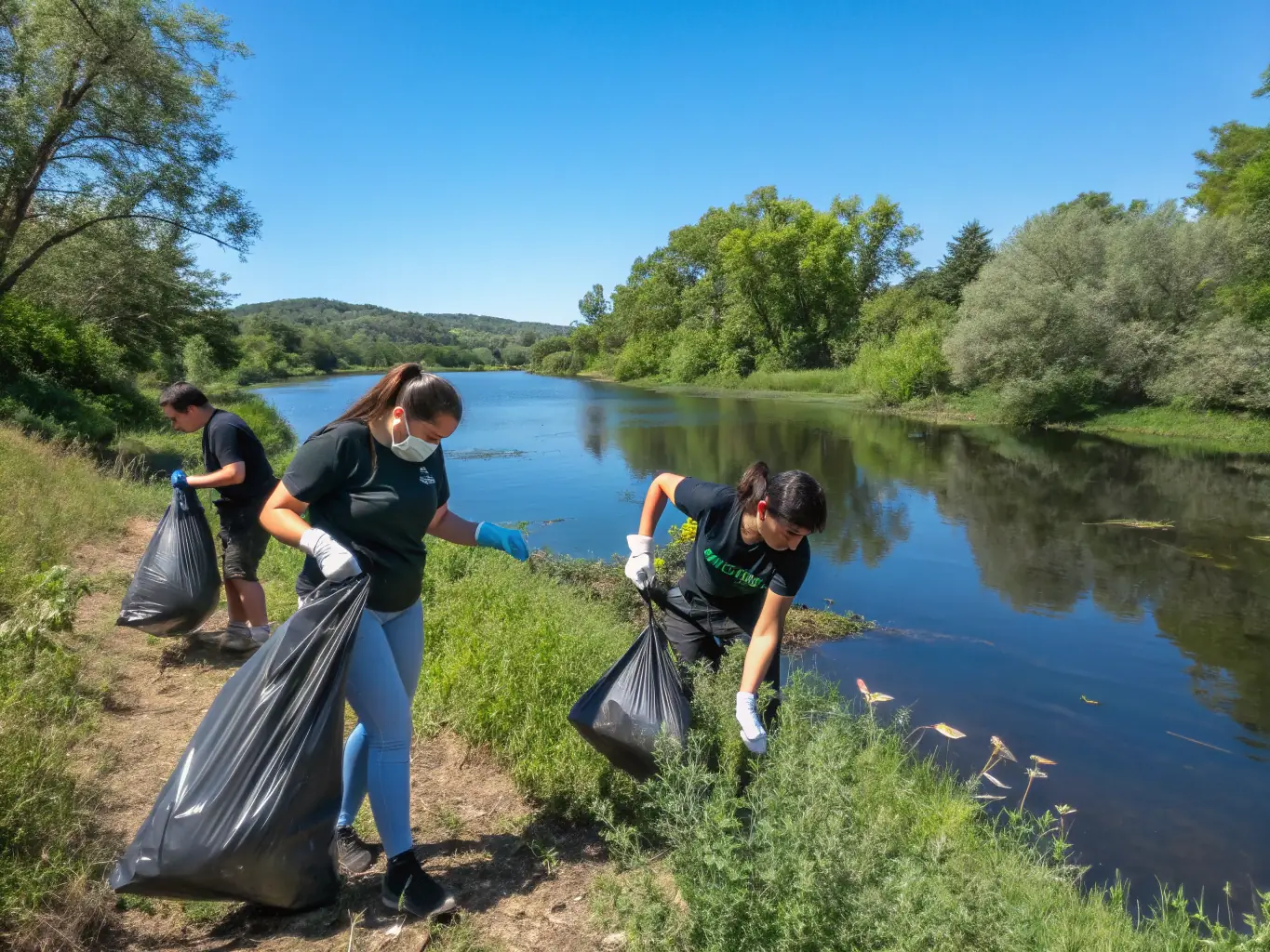 Fishermen participating in a river cleanup event, collecting trash and debris from the water and surrounding areas. The image showcases the community's commitment to maintaining clean and healthy aquatic environments.